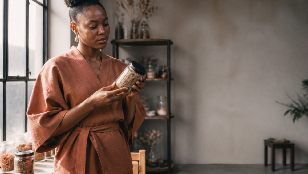 Entrepreneure africaine examinant son packaging pour vendre ses produits agricoles en Afrique avec succès.