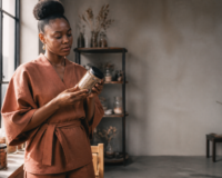 Entrepreneure africaine examinant son packaging pour vendre ses produits agricoles en Afrique avec succès.