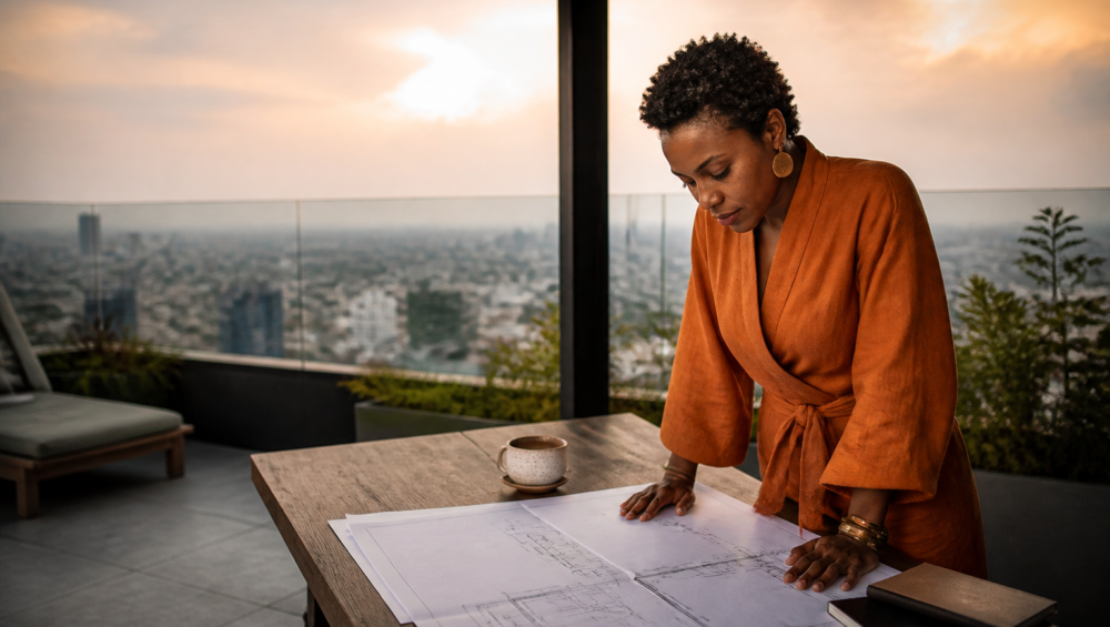 Femme entrepreneure africaine travaillant sur une terrasse à Kinshasa au crépuscule.