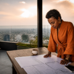 Femme entrepreneure africaine travaillant sur une terrasse à Kinshasa au crépuscule.
