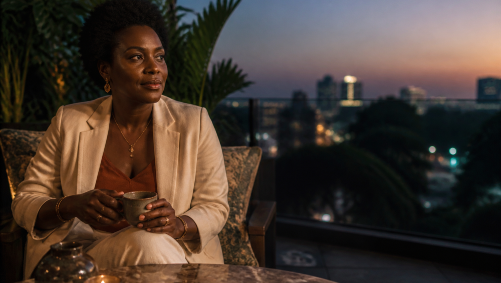Femme entrepreneure leader à Kinshasa lors d'une session de réseautage professionnel en terrasse.
