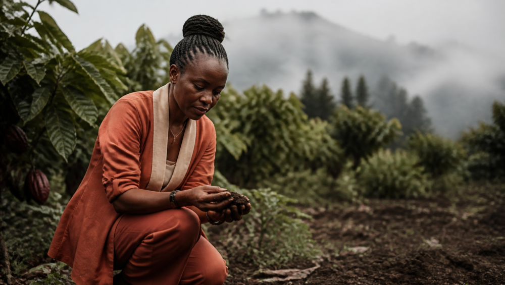 Entrepreneure agricole en RDC examinant un sol vivant enrichi par l'agriculture régénérative.