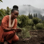 Entrepreneure agricole en RDC examinant un sol vivant enrichi par l'agriculture régénérative.