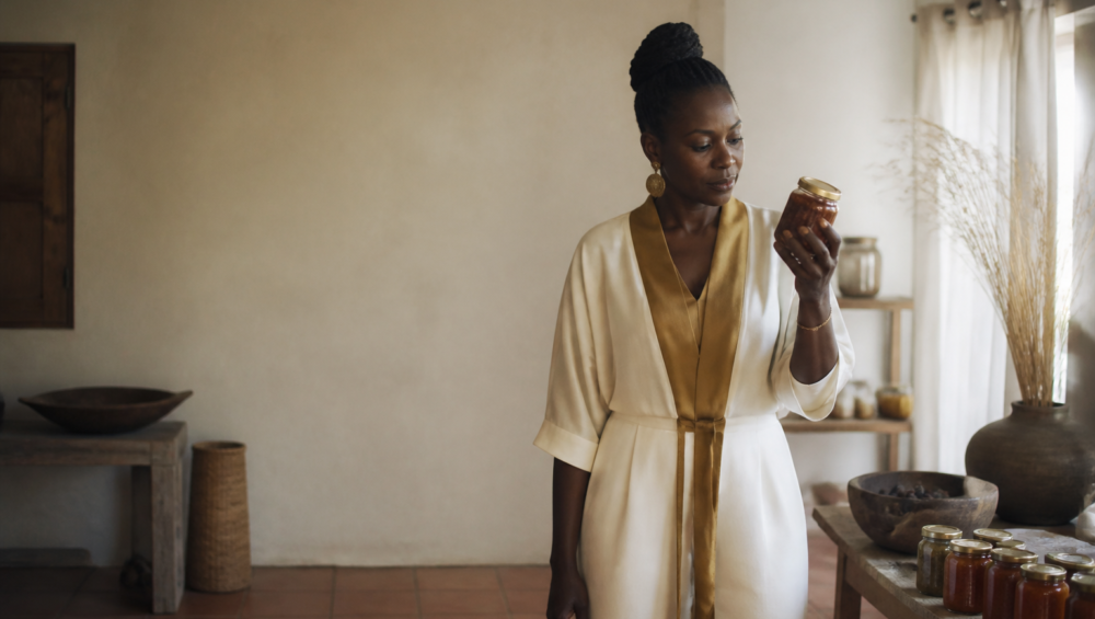 Entrepreneure à Kinshasa vérifiant la conformité d'un produit alimentaire selon les normes HACCP Afrique.