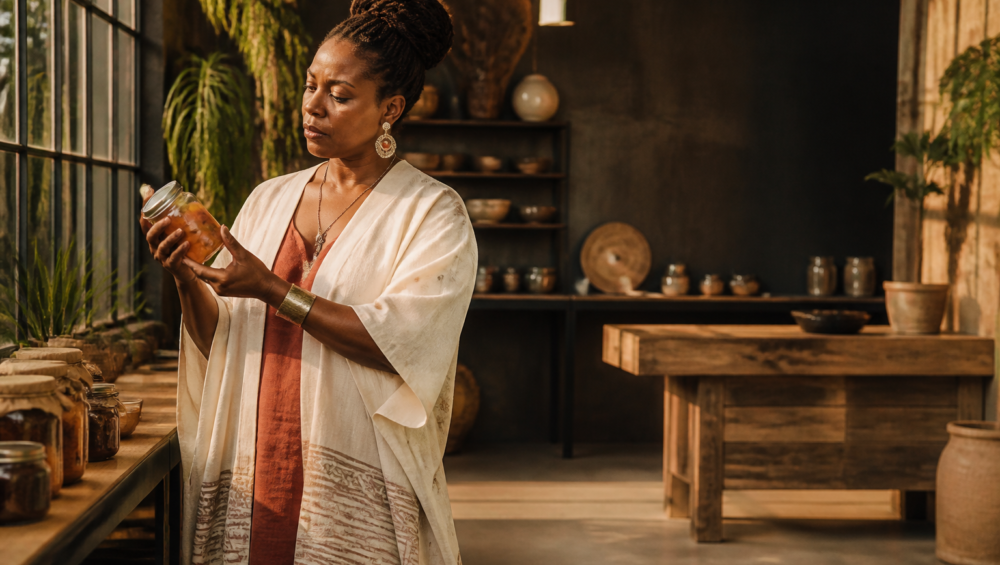Entrepreneure africaine examinant ses produits transformés pour l'exportation AfCFTA agroalimentaire dans un studio élégant.
