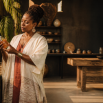 Entrepreneure africaine examinant ses produits transformés pour l'exportation AfCFTA agroalimentaire dans un studio élégant.