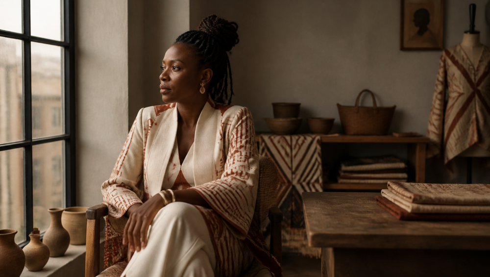 Entrepreneure congolaise dans son studio, incarnant la vision de la beauté inclusive en Afrique.