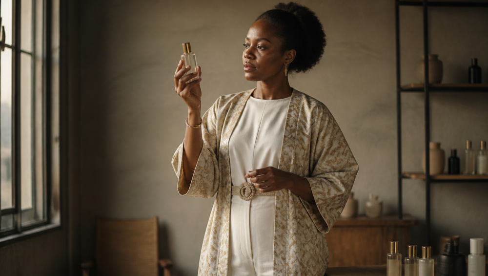 Entrepreneure de la beauté analysant ses produits pour vendre ses cosmétiques en ligne en Afrique.
