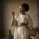 Entrepreneure de la beauté analysant ses produits pour vendre ses cosmétiques en ligne en Afrique.