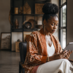 Entrepreneure congolaise travaillant sur son pitch deck dans un bureau élégant à Kinshasa