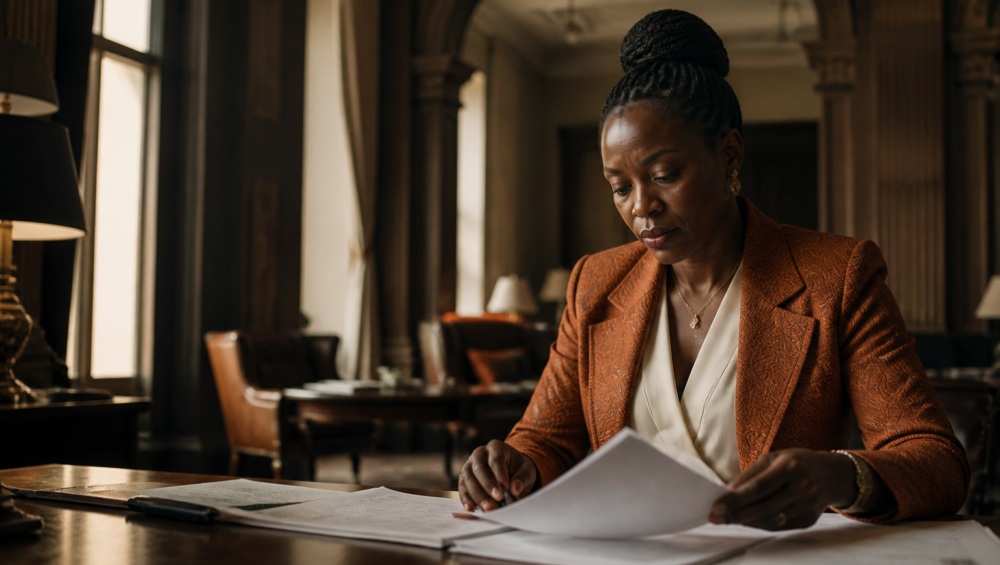 Une femme entrepreneure africaine étudiant des options de levée de fonds dans un bureau élégant à Kinshasa.