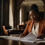 Une femme entrepreneure africaine étudiant des options de levée de fonds dans un bureau élégant à Kinshasa.