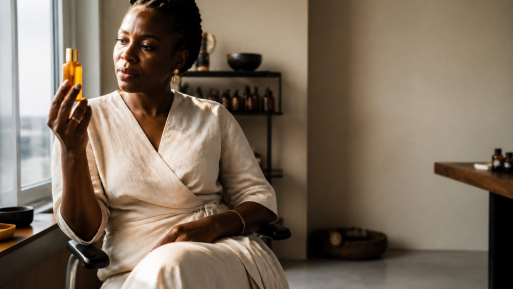 Entrepreneure cosmétique à Kinshasa travaillant sur sa communauté de marque beauté en Afrique.