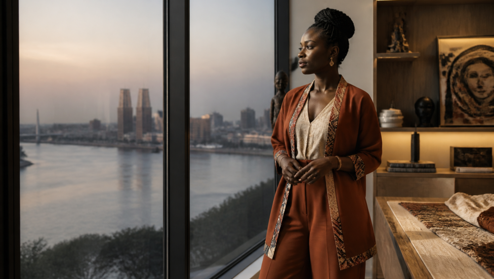 Entrepreneure à Brazzaville contemplant le fleuve Congo depuis son bureau moderne, illustrant l'investissement au Congo.