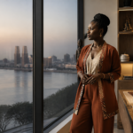 Entrepreneure à Brazzaville contemplant le fleuve Congo depuis son bureau moderne, illustrant l'investissement au Congo.