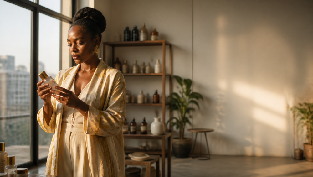 Entrepreneure africaine travaillant sur le branding luxe de sa marque cosmétique en RDC