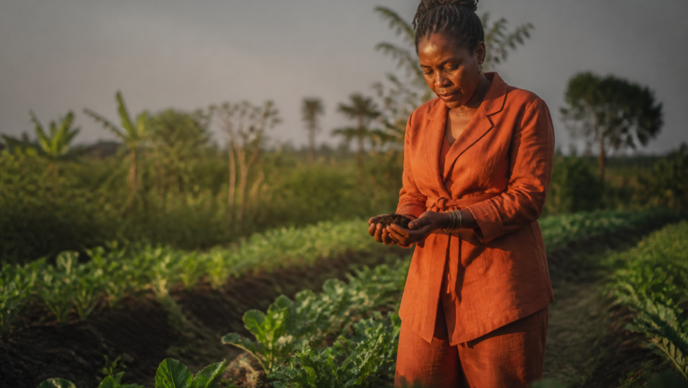Entrepreneure africaine inspectant sa production d'agriculture biologique en Afrique lors du coucher du soleil.