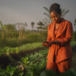 Entrepreneure africaine inspectant sa production d'agriculture biologique en Afrique lors du coucher du soleil.