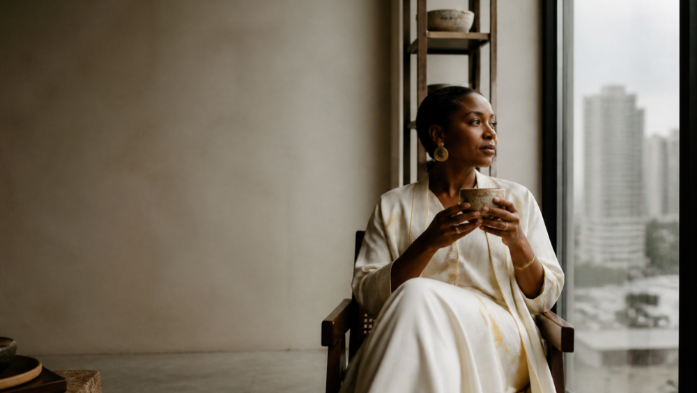 Entrepreneure africaine dans un studio de bien-être moderne à Kinshasa, illustrant le wellness business en Afrique.