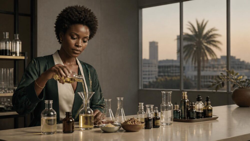 Entrepreneure noire africaine formulant des soins au Beauty Innovation Lab