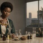 Entrepreneure noire africaine formulant des soins au Beauty Innovation Lab