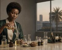 Entrepreneure noire africaine formulant des soins au Beauty Innovation Lab
