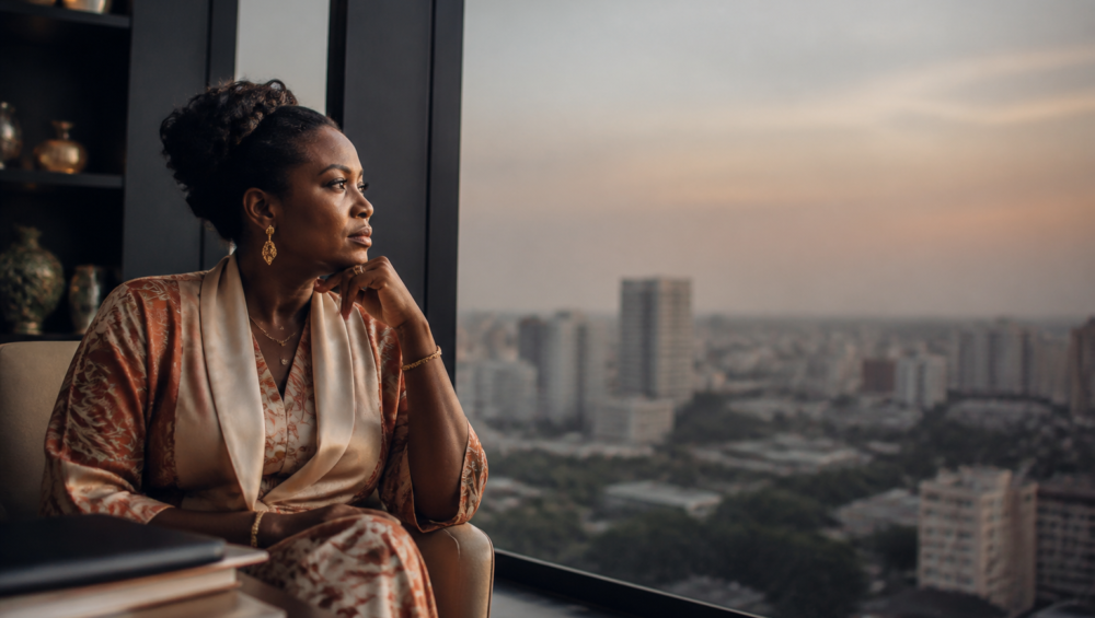 Portrait éditorial d'une femme entrepreneure RDC influente dans son bureau à Kinshasa.