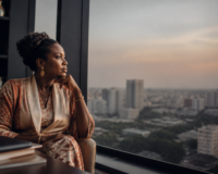 Portrait éditorial d'une femme entrepreneure RDC influente dans son bureau à Kinshasa.