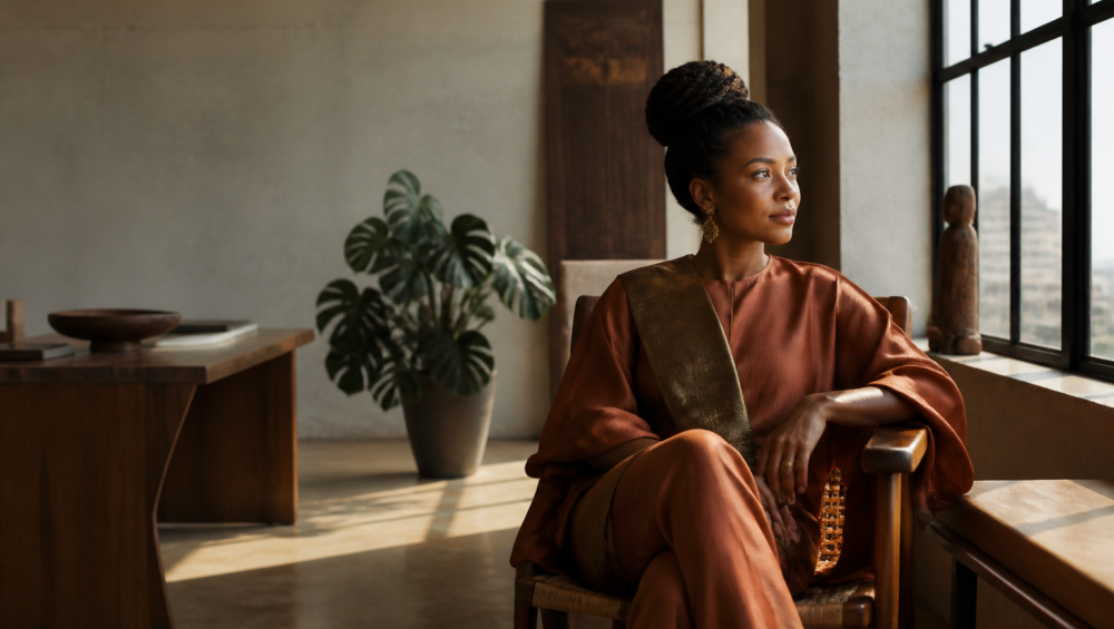 Femme entrepreneure africaine réfléchissant à sa stratégie de financement dans un studio élégant à Kinshasa.
