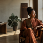 Femme entrepreneure africaine réfléchissant à sa stratégie de financement dans un studio élégant à Kinshasa.