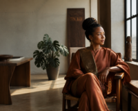 Femme entrepreneure africaine réfléchissant à sa stratégie de financement dans un studio élégant à Kinshasa.