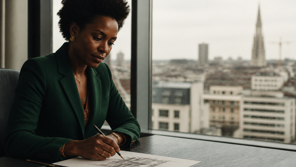 Entrepreneure afro-belge en pleine réflexion stratégique à Bruxelles, illustrant le leadership féminin afro-européen.