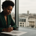 Entrepreneure afro-belge en pleine réflexion stratégique à Bruxelles, illustrant le leadership féminin afro-européen.