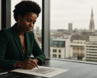 Entrepreneure afro-belge en pleine réflexion stratégique à Bruxelles, illustrant le leadership féminin afro-européen.