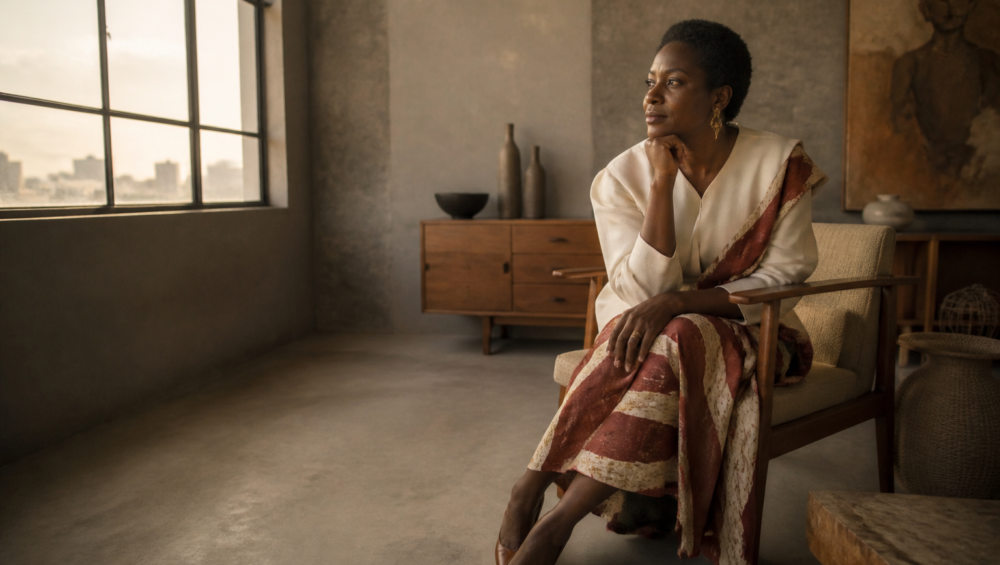 Entrepreneure africaine préparant sereinement son pitch investisseurs femmes Afrique dans un bureau élégant.