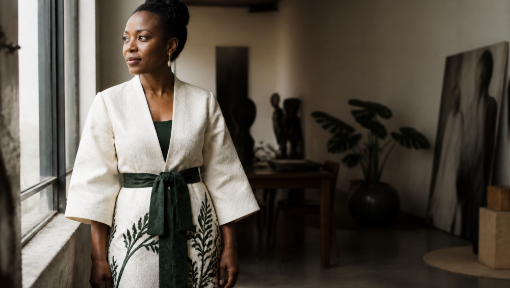 Entrepreneure à Kinshasa réfléchissant à sa stratégie de croissance après un programme d'accélération pour femmes.