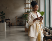 Entrepreneure africaine examinant un flacon en verre pour un packaging cosmétique durable en Afrique.