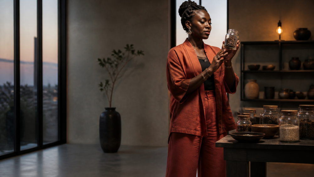 Entrepreneure africaine travaillant sur le branding food Afrique de ses produits de terroir.