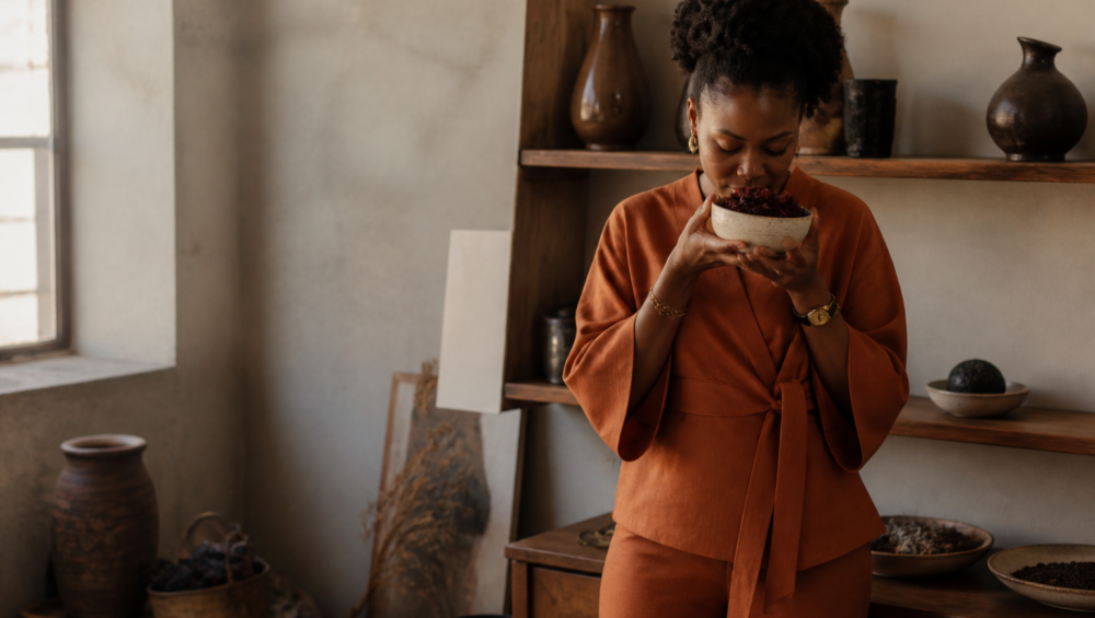 Entrepreneure africaine examinant des plantes pour son business d'infusion et tisane premium