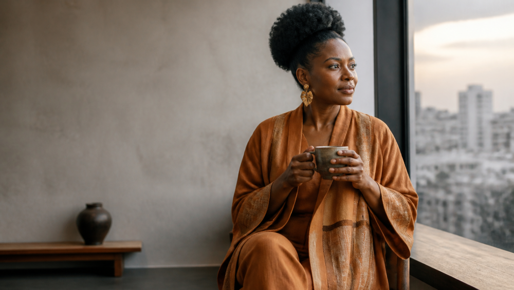 Entrepreneure africaine réfléchissant à sa stratégie de wellness corporate Afrique dans un bureau premium.