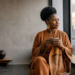 Entrepreneure africaine réfléchissant à sa stratégie de wellness corporate Afrique dans un bureau premium.