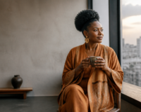 Entrepreneure africaine réfléchissant à sa stratégie de wellness corporate Afrique dans un bureau premium.