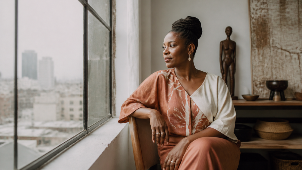 Femme entrepreneure diaspora africaine réfléchissant à sa stratégie d'investissement dans un bureau élégant à Kinshasa.