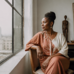 Femme entrepreneure diaspora africaine réfléchissant à sa stratégie d'investissement dans un bureau élégant à Kinshasa.