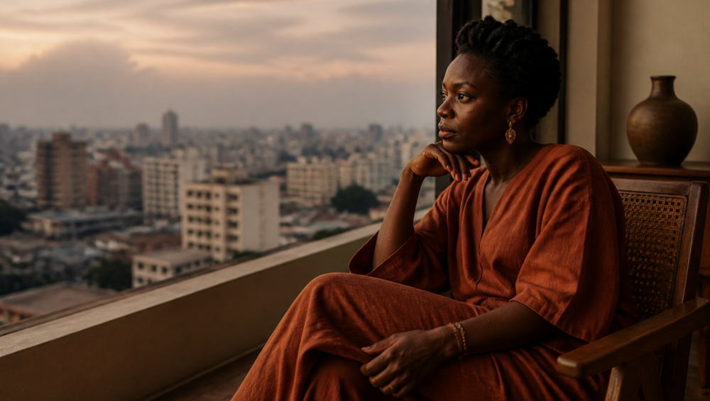Femme entrepreneure africaine en réflexion, illustrant l'acceptation du corps et le bien-être.