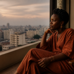 Femme entrepreneure africaine en réflexion, illustrant l'acceptation du corps et le bien-être.