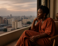 Femme entrepreneure africaine en réflexion, illustrant l'acceptation du corps et le bien-être.