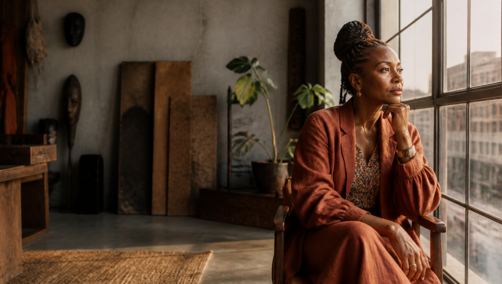 Entrepreneure africaine en réflexion stratégique dans son bureau, illustrant le besoin de mentorat femmes Afrique.