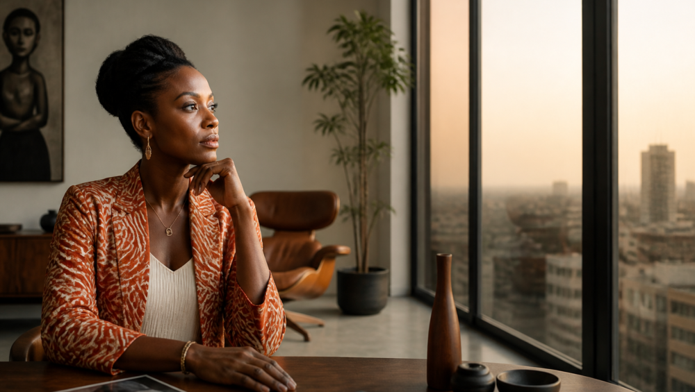Entrepreneure leader des femmes tech Afrique dans un studio moderne à Kinshasa