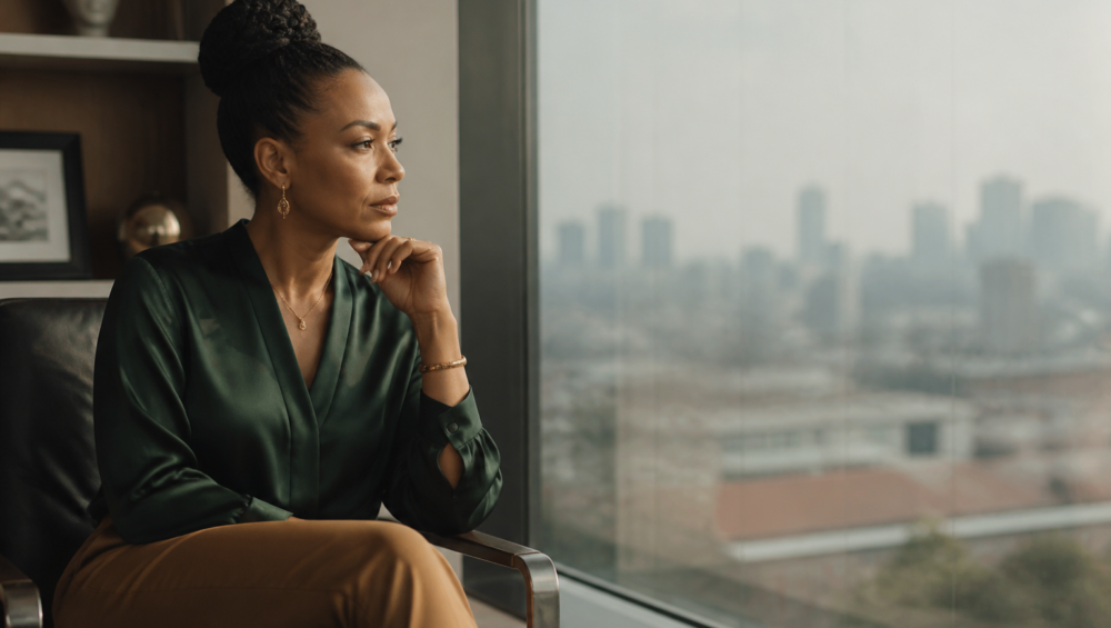 Femme entrepreneure africaine en pleine réflexion stratégique pour négocier ses honoraires avec assurance.